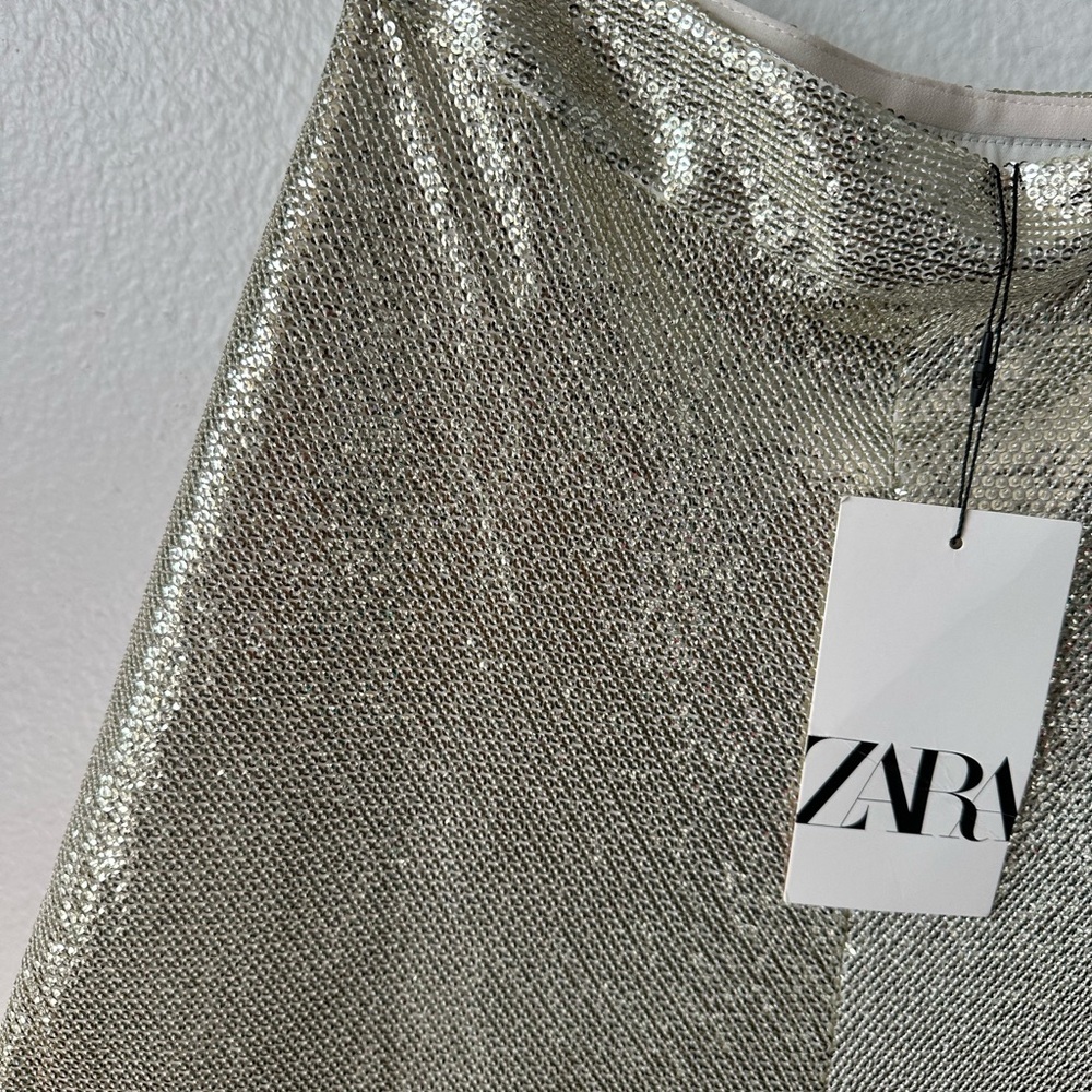 ZARA Silver Gold Metallic Small Sequins Midi Skater Skirt BNWT - Picture 6 of 8